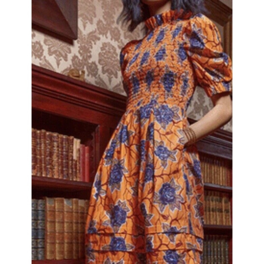 Autumn Adeigbo Smock Dress 4 Orange Blue Floral Puff Sleeve Ruffle Cottage Boho